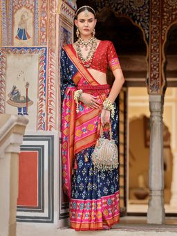 Akhilam - Women's Georgette Fabric Navy Blue Printed Saree with Unstitched Blouse