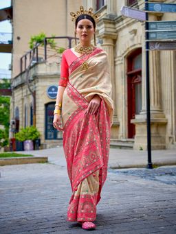 Akhilam - Women's Georgette Fabric Cream Woven Saree with Unstitched Blouse