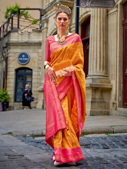 Akhilam - Women's Georgette Fabric Orange Woven Saree with Unstitched Blouse