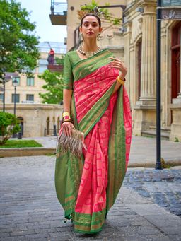 Akhilam - Women's Georgette Fabric Pink Woven Saree with Unstitched Blouse