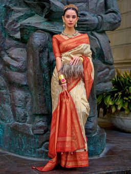 Akhilam - Women's Georgette Fabric Cream Woven Saree with Unstitched Blouse