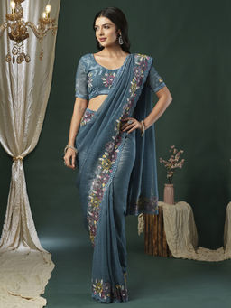 Akhilam - Women's Georgette Fabric Blue Embroidered Saree with Unstitched Blouse