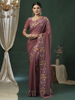 Akhilam - Women's Georgette Fabric Mauve Embroidered Saree with Unstitched Blouse