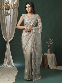 Akhilam - Women's Georgette Fabric Silver Embroidered Saree with Unstitched Blouse