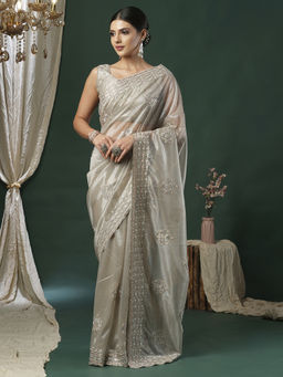 Akhilam - Women's Georgette Fabric Beige Embroidered Saree with Unstitched Blouse