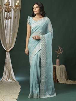 Akhilam - Women's Georgette Fabric Turquoise Embroidered Saree with Unstitched Blouse