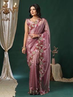 Akhilam - Women's Georgette Fabric Pink Embroidered Saree with Unstitched Blouse