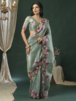 Akhilam - Women's Georgette Fabric Aqua Embroidered Saree with Unstitched Blouse