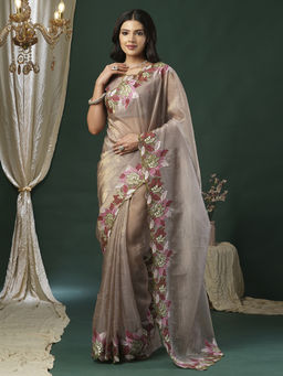 Akhilam - Women's Georgette Fabric Beige Embroidered Saree with Unstitched Blouse