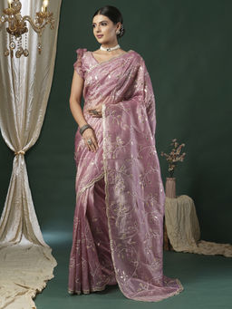Akhilam - Women's Georgette Fabric Mauve Embellished Saree with Unstitched Blouse