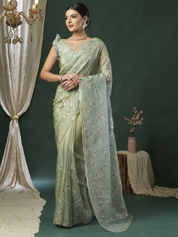Akhilam - Women's Georgette Fabric Green Embellished Saree with Unstitched Blouse