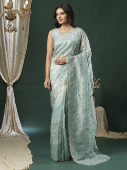 Akhilam - Women's Georgette Fabric Blue Embellished Saree with Unstitched Blouse