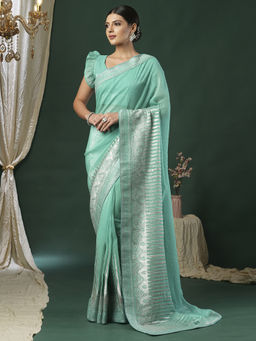 Akhilam - Women's Georgette Fabric Turquoise Embroidered Saree with Unstitched Blouse