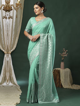 Akhilam - Women's Georgette Fabric Turquoise Embroidered Saree with Unstitched Blouse