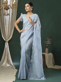 Akhilam - Women's Georgette Fabric Blue Embellished Saree with Unstitched Blouse