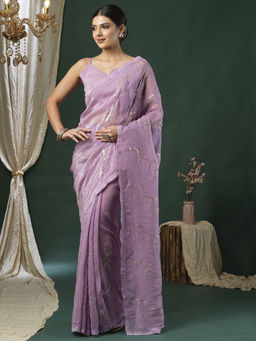 Akhilam - Women's Georgette Fabric Lavender Embellished Saree with Unstitched Blouse