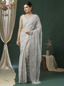 Akhilam - Women's Georgette Fabric Metallic Embellished Saree with Unstitched Blouse