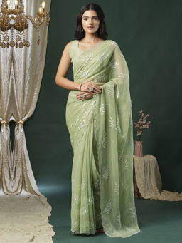 Akhilam - Women's Georgette Fabric Green Embellished Saree with Unstitched Blouse