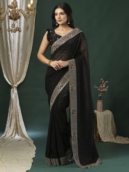 Akhilam - Women's Georgette Fabric Black Embroidered Saree with Unstitched Blouse