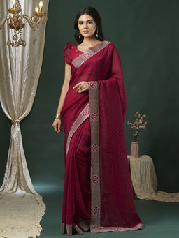 Akhilam - Women's Georgette Fabric Magenta Embroidered Saree with Unstitched Blouse
