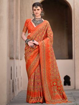 Akhilam - Women's Georgette Fabric Orange Printed Saree with Unstitched Blouse