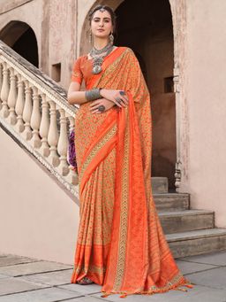 Akhilam - Women's Georgette Fabric Orange Printed Saree with Unstitched Blouse