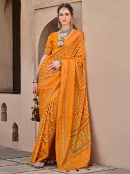 Akhilam - Women's Georgette Fabric Mustard Printed Saree with Unstitched Blouse