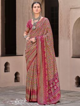 Akhilam - Women's Georgette Fabric Pink Printed Saree with Unstitched Blouse