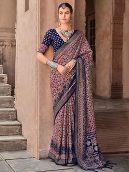 Akhilam - Women's Georgette Fabric Navy Blue Printed Saree with Unstitched Blouse