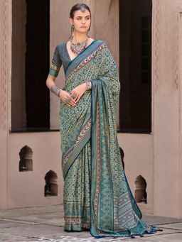 Akhilam - Women's Georgette Fabric Teal Printed Saree with Unstitched Blouse