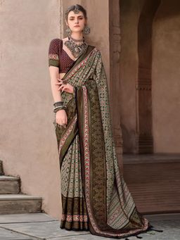 Akhilam - Women's Georgette Fabric Black Printed Saree with Unstitched Blouse