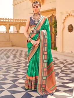 Akhilam - Women's Georgette Fabric Green Woven Saree with Unstitched Blouse