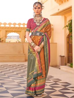 Akhilam - Women's Georgette Fabric Orange Woven Saree with Unstitched Blouse