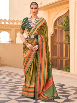 Akhilam - Women's Georgette Fabric Olive Woven Saree with Unstitched Blouse