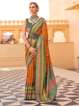 Akhilam - Women's Georgette Fabric Mustard Woven Saree with Unstitched Blouse