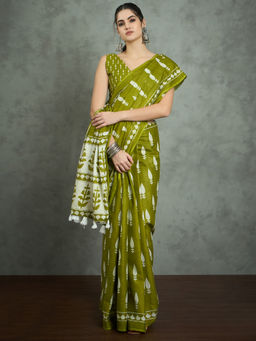 Akhilam - Women's Georgette Fabric Olive Printed Saree with Unstitched Blouse