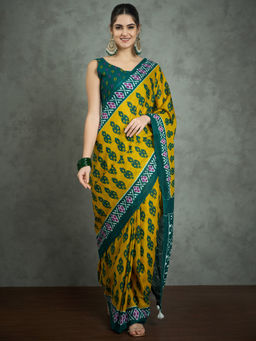 Akhilam - Women's Georgette Fabric Mustard Printed Saree with Unstitched Blouse