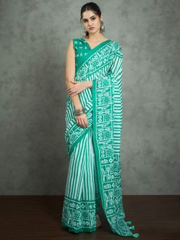 Akhilam - Women's Georgette Fabric Turquoise Printed Saree with Unstitched Blouse