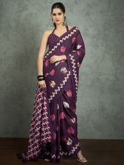 Akhilam - Women's Georgette Fabric Purple Printed Saree with Unstitched Blouse