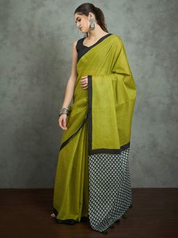 Akhilam - Women's Georgette Fabric Olive Stripes Saree with Unstitched Blouse
