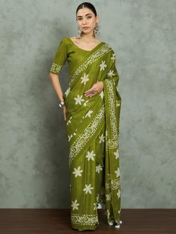Akhilam - Women's Georgette Fabric Olive Printed Saree with Unstitched Blouse