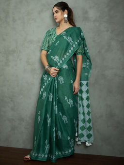 Akhilam - Women's Georgette Fabric Teal Printed Saree with Unstitched Blouse