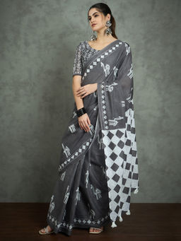 Akhilam - Women's Georgette Fabric Grey Printed Saree with Unstitched Blouse