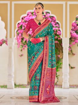 Akhilam - Women's Georgette Fabric Blue Printed Saree with Unstitched Blouse
