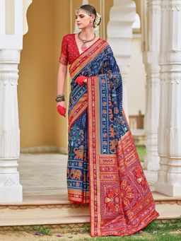 Akhilam - Women's Georgette Fabric Navy Blue Printed Saree with Unstitched Blouse