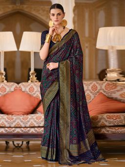 Akhilam - Women's Georgette Fabric Navy Blue Printed Saree with Unstitched Blouse