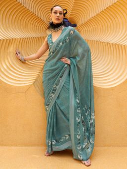 Akhilam - Women's Georgette Fabric Teal Printed Saree with Unstitched Blouse