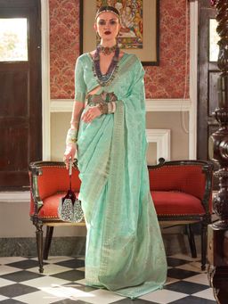 Akhilam - Women's Georgette Fabric Turquoise Embellished Saree with Unstitched Blouse