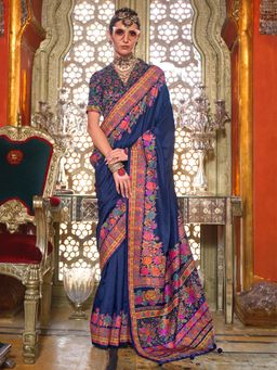Akhilam - Women's Georgette Fabric Navy Blue Printed Saree with Unstitched Blouse