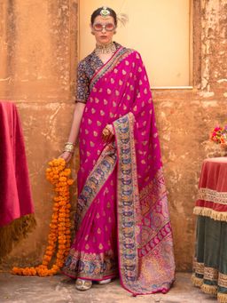 Akhilam - Women's Georgette Fabric Pink Printed Saree with Unstitched Blouse